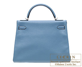 Hermes　Kelly bag 32　Retourne　Blue jean　Clemence leather　Silver hardware