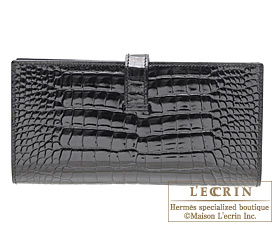 Hermes　Bearn Soufflet　Black　Alligator crocodile skin　Silver hardware