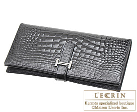 Hermes　Bearn Soufflet　Black　Alligator crocodile skin　Silver hardware