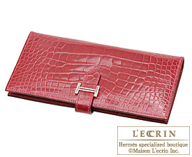 Hermes Bearn bi-fold wallet Rouge vif Alligator crocodile skin Silver 