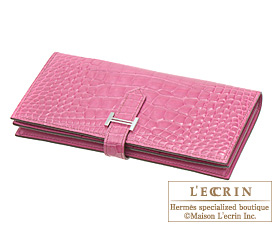 Hermes　Bearn Soufflet　Fuschia pink　Alligator　crocodile skin　Silver hardware