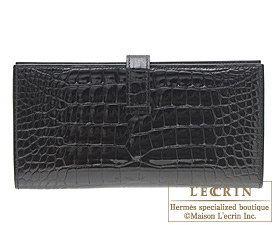 Hermes　Bearn Soufflet　Black　Alligator crocodile skin　Gold hardware
