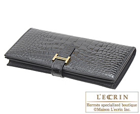 Hermes　Bearn Soufflet　Black　Alligator crocodile skin　Gold hardware