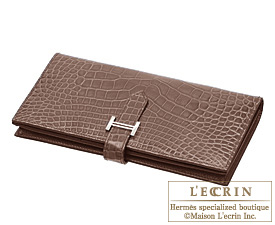 Hermes　Bearn Soufflet　Cocaon/Dark brown　Alligator　crocodile skin　Silver hardware