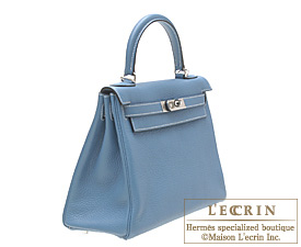 Hermes Kelly bag 28 Retourne Blue jean Clemence leather Silver