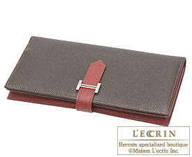 Hermes　Bearn Soufflet　Chocolat/Rouge garance　Epsom leather　Silver hardware