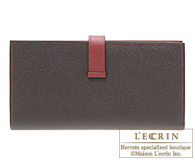 Hermes　Bearn Soufflet　Chocolat/Rouge garance　Epsom leather　Gold hardware