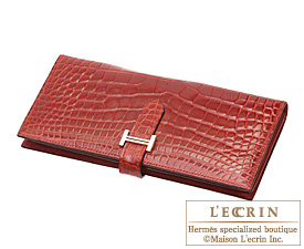 Hermes　Bearn Soufflet　Rouge H/Dark red　Alligator　crocodile skin　Silver hardware