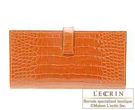 Hermes　Bearn Soufflet　Orange　Alligator crocodile skin　Silver hardware