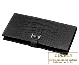 Hermes　Bearn Soufflet　Black　Matt alligator crocodile skin　Silver hardware