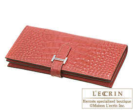 Hermes　Bearn Soufflet　Braise/Bright red　Alligator　crocodile skin　Silver hardware