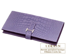 Hermes　Bearn Soufflet　Amethyst/Purple　Alligator crocodile skin　Silver hardware