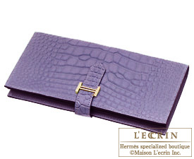 Hermes　Bearn Soufflet　Amethyst/Purple　Alligator crocodile skin　Gold hardware