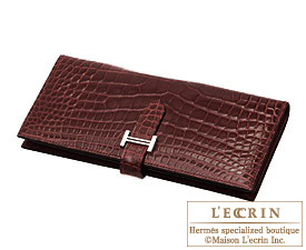 Hermes　Bearn Soufflet　Bordeaux/Wine red　Alligator　crocodile skin　Silver hardware