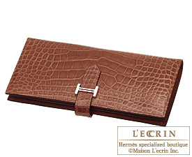 Hermes　Bearn Soufflet　Terre/Dark brown　Alligator crocodile skin　Silver hardware