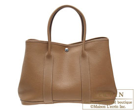 Hermes Garden Party PM Camel Brown Leather Beige Canvas Hand Bag