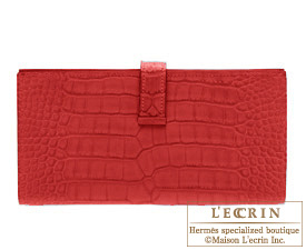 Hermes　Bearn Soufflet　Rouge H/Dark red　Alligator crocodile skin　Silver hardware
