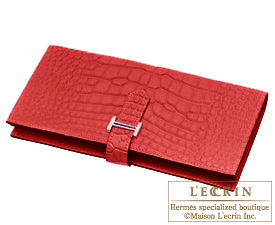 Hermes　Bearn Soufflet　Rouge H/Dark red　Alligator crocodile skin　Silver hardware