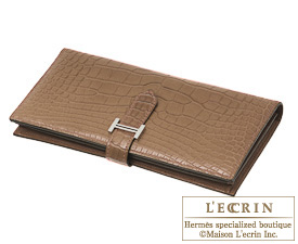 Hermes　Bearn Soufflet　Alezan/Chestnut brown　Alligator crocodile skin　Silver hardware