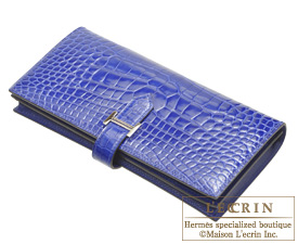 Hermes　Bearn Soufflet　Blue electric　Alligator crocodile skin　Silver hardware