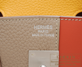 Hermes Gris Tourterelle/Moutarde Clemence And Sanguine Swift Leather  Palladium Plated Limited Edition Birkin 35 Bag Hermes