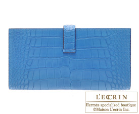 Hermes　Bearn Soufflet　Mykonos/Mykonos Blue　Alligator crocodile skin　Silver hardware
