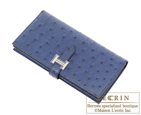 Hermes Bearn Soufflet Blue roy Ostrich leather Silver hardware | L 