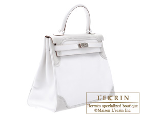 Hermes Kelly bag 28 Retourne Pearl grey Clemence leather Silver