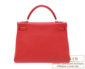 Hermes　Kelly bag 32　Retourne　Rouge casaque/Bright red　Clemence leather　Silver hardware