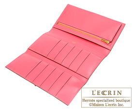 Hermes Bearn tri-fold wallet Rose lipstick Tadelakt leather Gold ...
