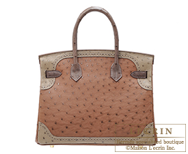 Hermes　Birkin Ghillies bag 30　Marron fonce/Etrusque/Mousse　Ostrich leather　Champagne gold hardware