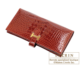Hermes　Bearn Soufflet　Rouge H/Dark red　Alligator　crocodile skin　Gold hardware
