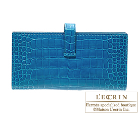 Hermes　Bearn Soufflet　Blue izmir　Alligator crocodile skin　Silver hardware