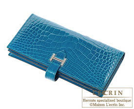 Hermes　Bearn Soufflet　Blue izmir　Alligator crocodile skin　Silver hardware