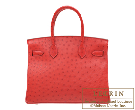 Hermes　Birkin bag 30　Rouge vif　Ostrich leather　Silver hardware