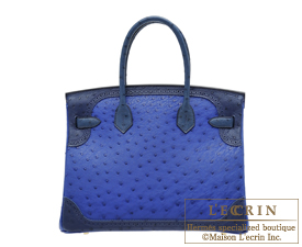 Hermes　Birkin Ghillies bag 30　Blue saphir/Blue iris　Ostrich leather　Champagne gold hardware