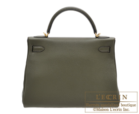 Hermes Kelly bag 32 Retourne Olive green Clemence leather Gold