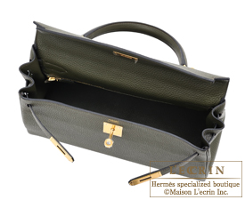 Hermes　Kelly bag 32　Retourne　Olive green　Clemence leather　Gold hardware