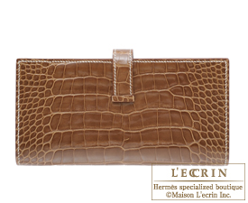 Hermes　Bearn Soufflet　Ficelle　Alligator crocodile skin　Gold hardware