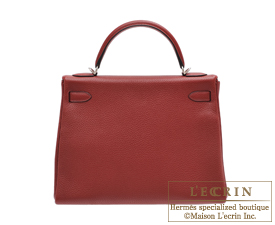 Hermes　Kelly bag 32　Retourne　Rouge H　Clemence leather　Silver hardware