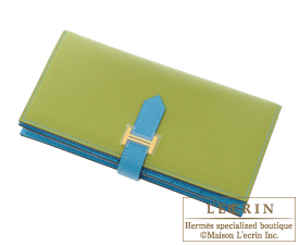 Hermes　Personal Bearn Soufflet Anis green/Turquoise blue Chevre myzore goatskin Gold hardware