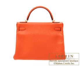 Hermes　Kelly bag 32　Retourne　Orange poppy　Clemence leather　Gold hardware