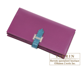 Hermes　Bearn Soufflet　Bi-color　Violet/Blue petrole　Tadelakt leather/Lizard skin　Silver hardware