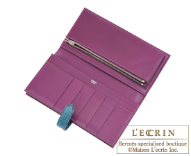 Hermes　Bearn Soufflet　Bi-color　Violet/Blue petrole　Tadelakt leather/Lizard skin　Silver hardware