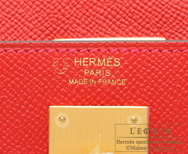 Hermes　Kelly bag 28　Rouge casaque/Etain　Epsom leather　Matt gold hardware