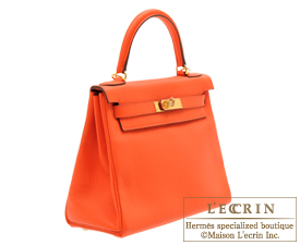 Hermes Orange Poppy Sellier Kelly 25 Bag W/ Rodeo Charm & Twilly