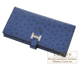 Hermes　Bearn Soufflet　Blue de malte　Ostrich leather　Silver hardware