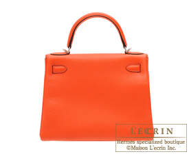Hermes　Kelly bag 28　Orange poppy　Clemence leather　Silver hardware