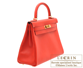 Hermes　Kelly bag 32　Retourne　Rouge tomate　Evercolor leather　Gold hardware