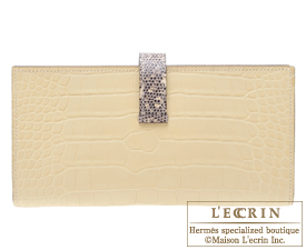 Hermes　Bearn Soufflet　Bi-color　Vanille/Ombre　Matt alligator　crocodile skin/Lizard skin　Silver hardware